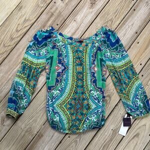 Hale Bob Women's Green And Blue Slit Sleeve Boho Blouse Size XS. NEW